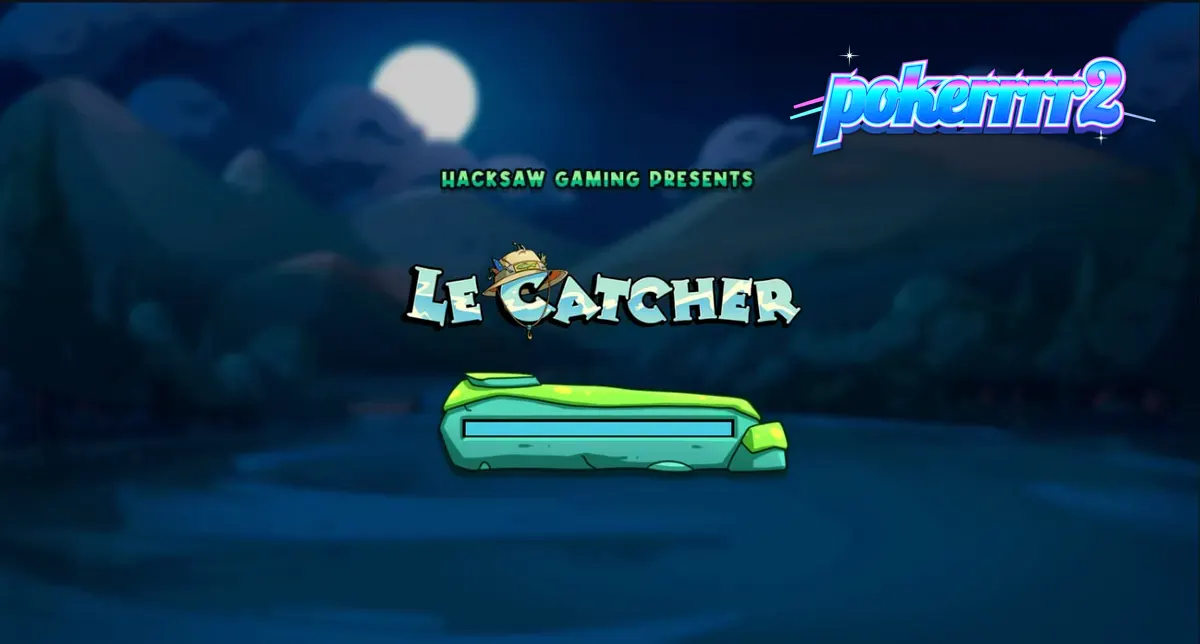Tampilan visual slot Le Catcher dengan karakter rakun dan grid permainan bertema memancing.